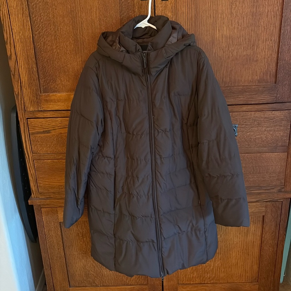 XL Weatherproof down mid length coat hood zippers warm brown